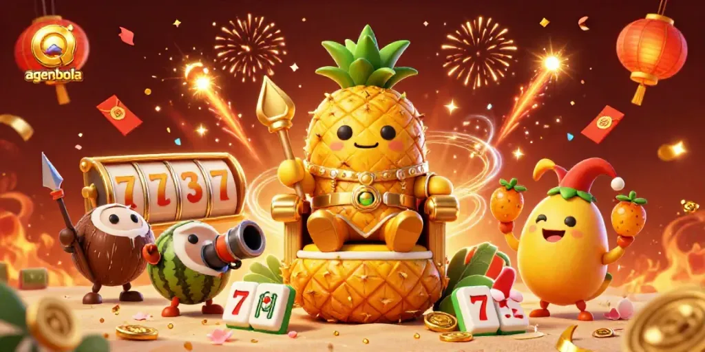 Experience high-energy fun with agenbola's dynamic casino scene featuring a golden pineapple king and vibrant game elements.