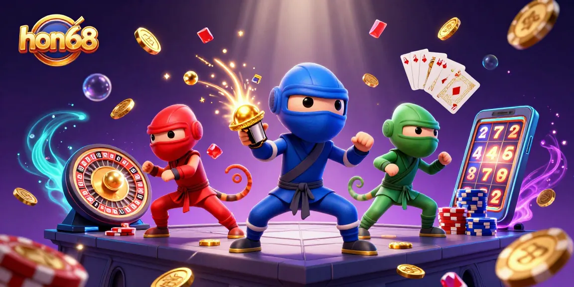 Experience thrilling wins at hon68 with our dynamic 3D casino illustration featuring vibrant games and action.