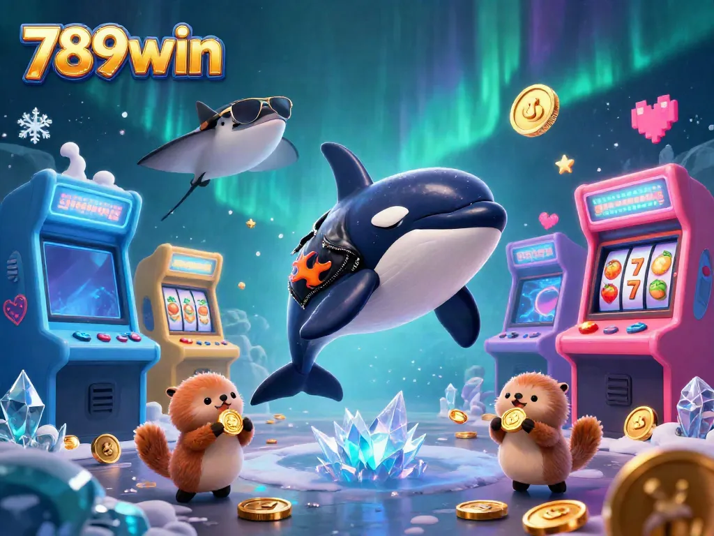 Engage with 789win's vibrant online casino scene featuring a jumping orca, cool stingray, and otters with coins.
