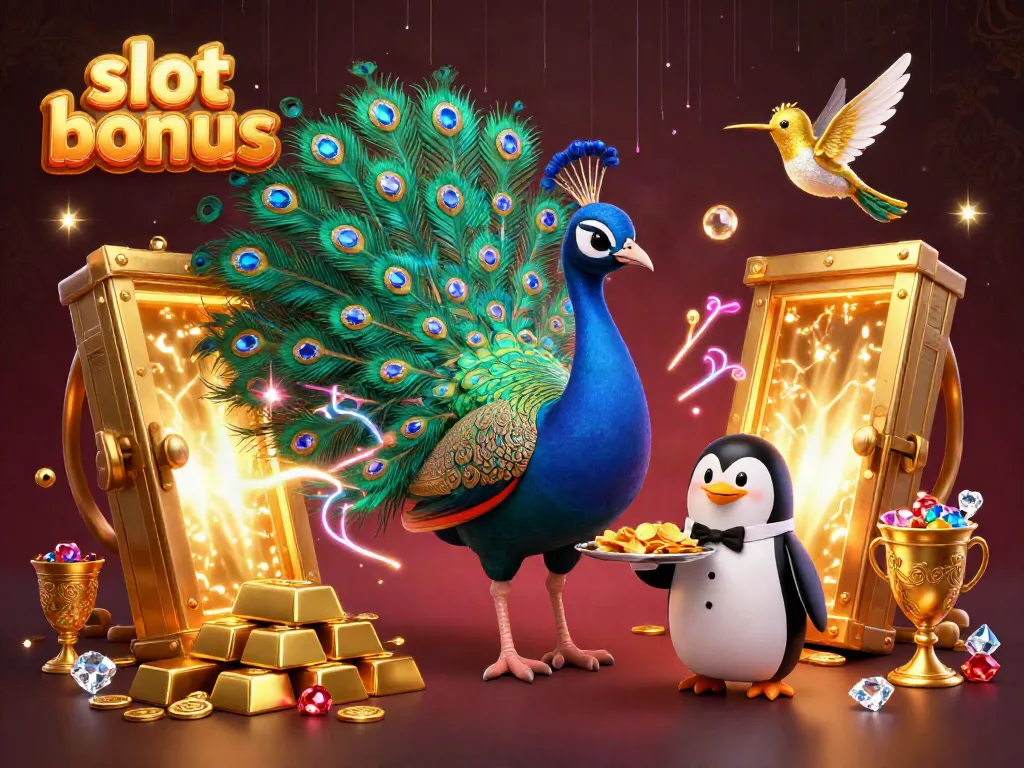 Engage with the vibrant action of slot bonuses featuring a regal peacock, a butler penguin, and shimmering jewels in a luxurious setting.