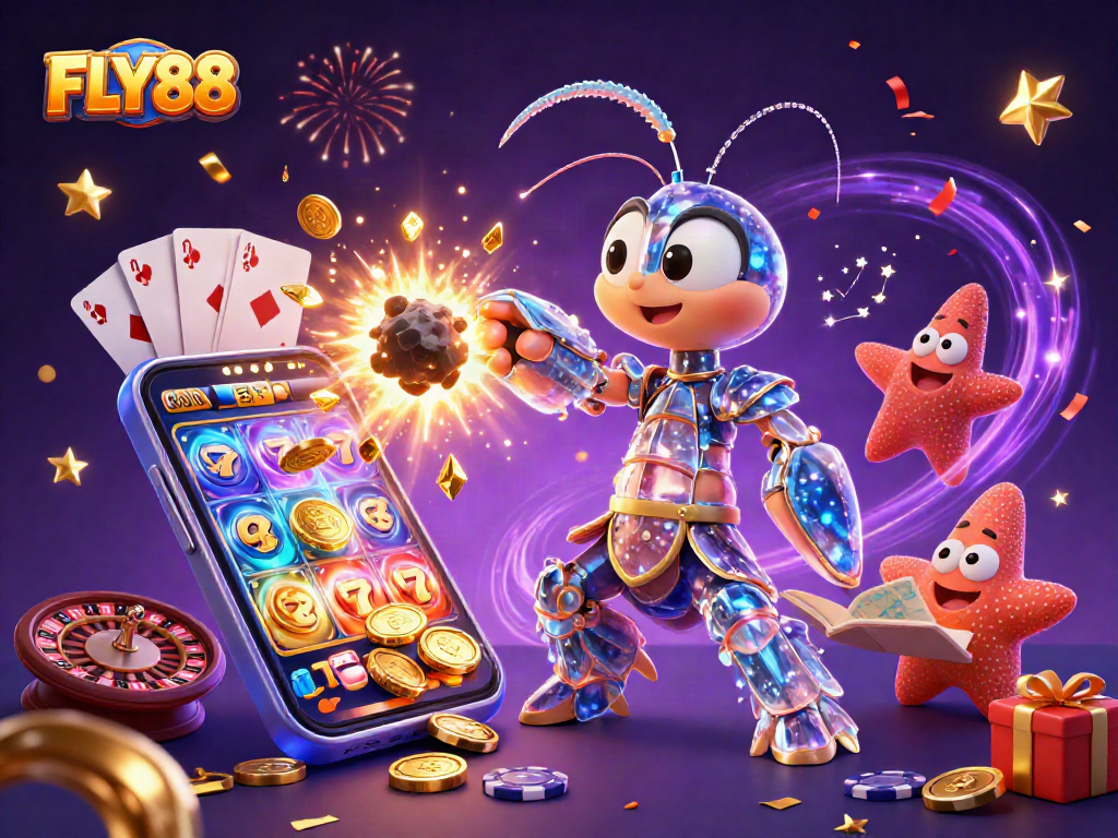 FLY88 showcases a galactic samurai mantis shrimp amidst exploding gems, perfect for casino gaming.