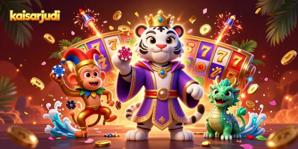 Kaisarjudi showcases an energetic casino scene with a white tiger, a golden monkey juggling poker chips, and vibrant slot elements.