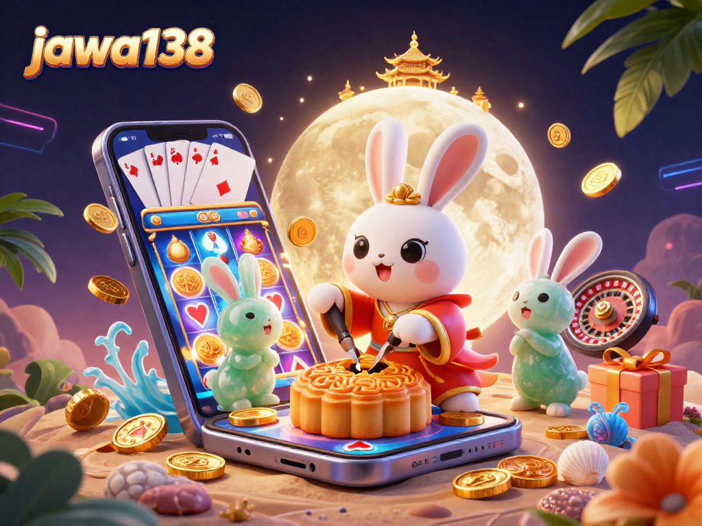 Engage with jawa138's vibrant digital casino scene featuring a moon rabbit and dynamic gaming elements.
