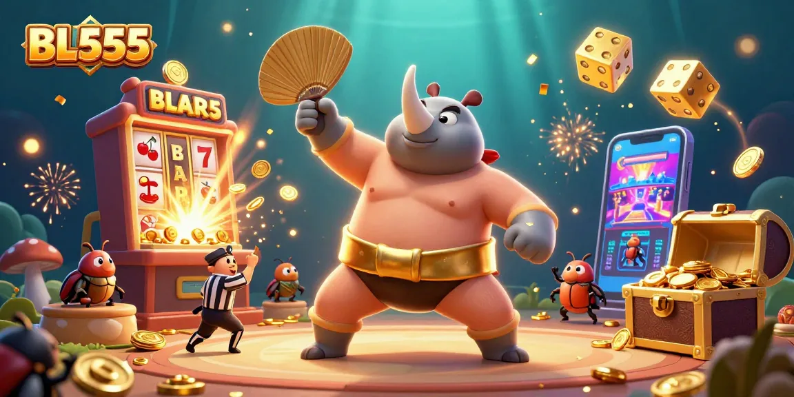 Experience the thrilling action of BL555 with a sumo beetle stomping coins in a vibrant casino scene.