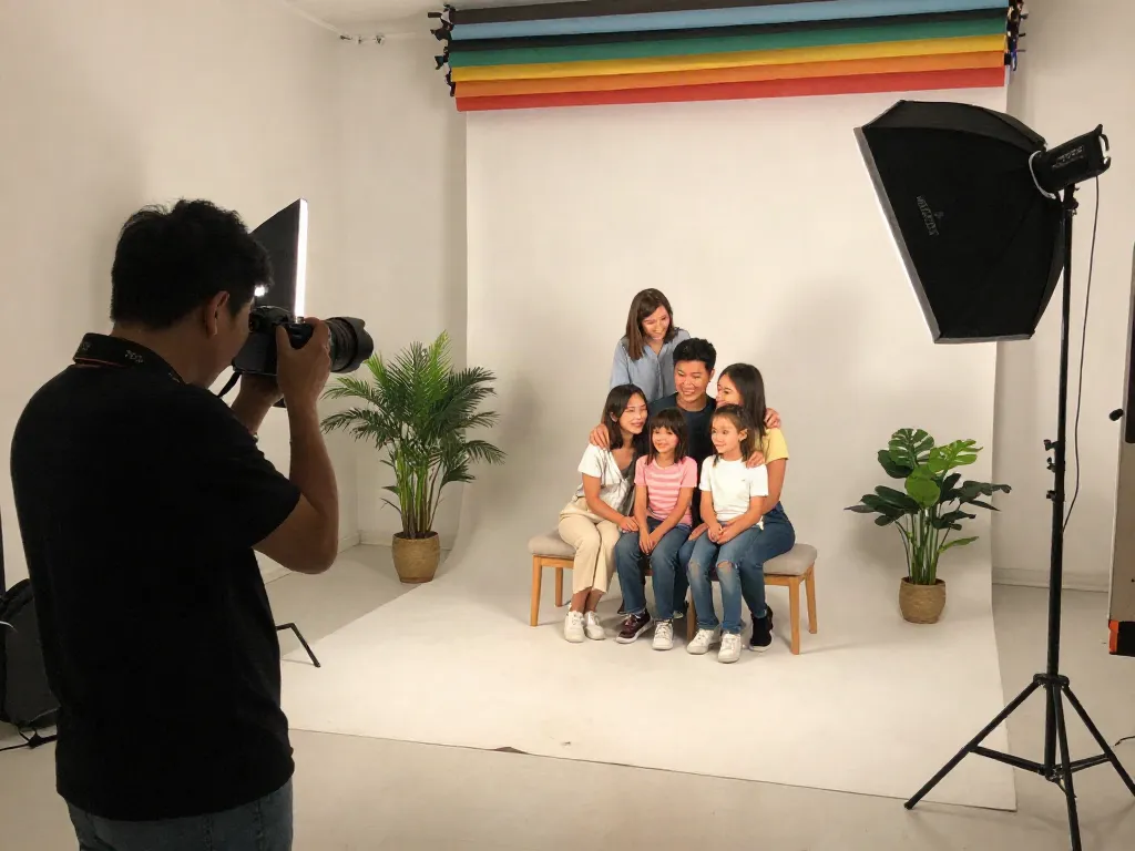 Seorang fotografer profesional di PULAU77 sedang mengabadikan momen berharga dengan pencahayaan lembut dan latar belakang berwarna.