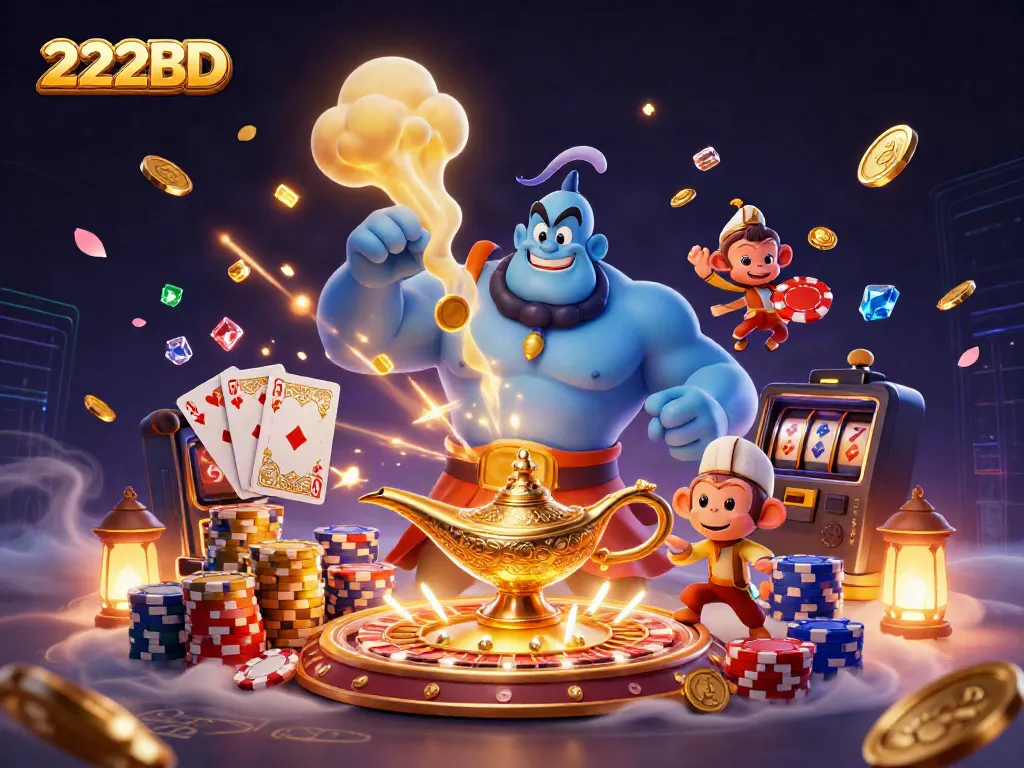Experience the magic of winning with 222BD's captivating 3D casino scene, featuring a lively genie and poker elements.