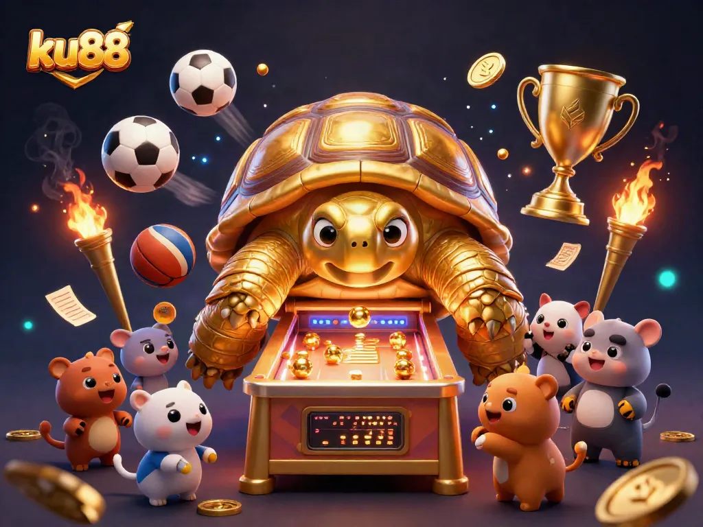 ku88 showcases an exciting gaming scene with a golden tortoise pinball machine and vibrant sports elements.
