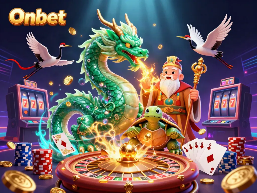 Experience the excitement of Onbet with a vibrant 3D illustration showcasing a jade dragon, turtle sage, and lucky cranes