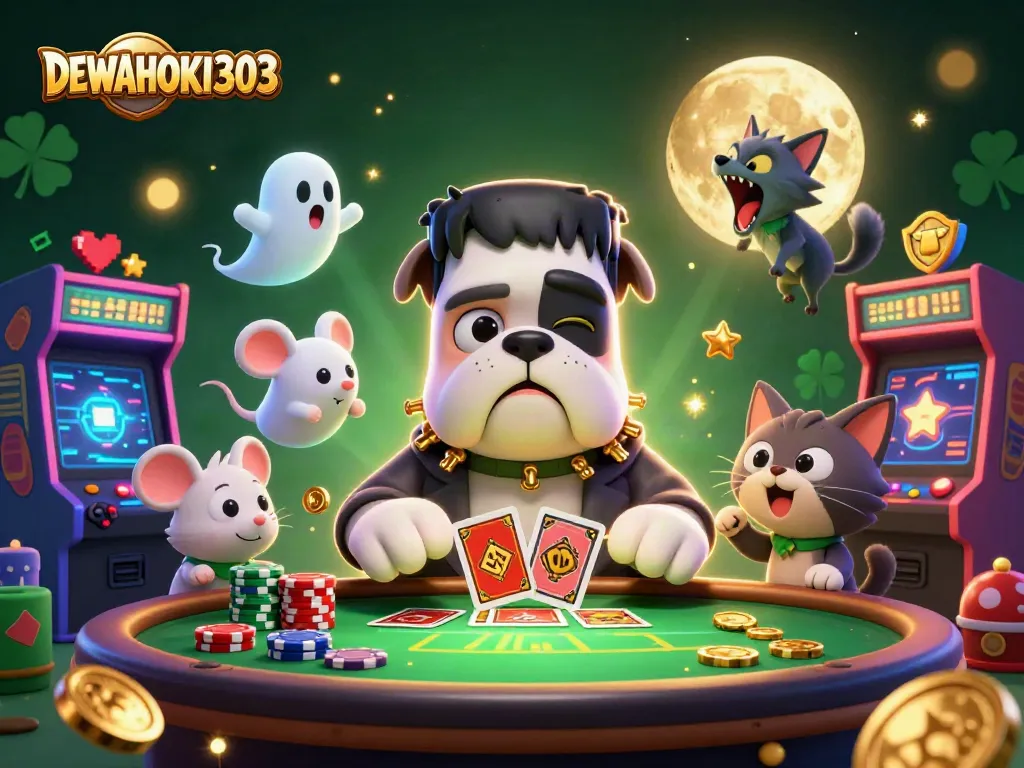 DEWAHOKI303 menggambarkan permainan slot online yang menarik dengan karakter monster kasino yang unik dan penuh warna.