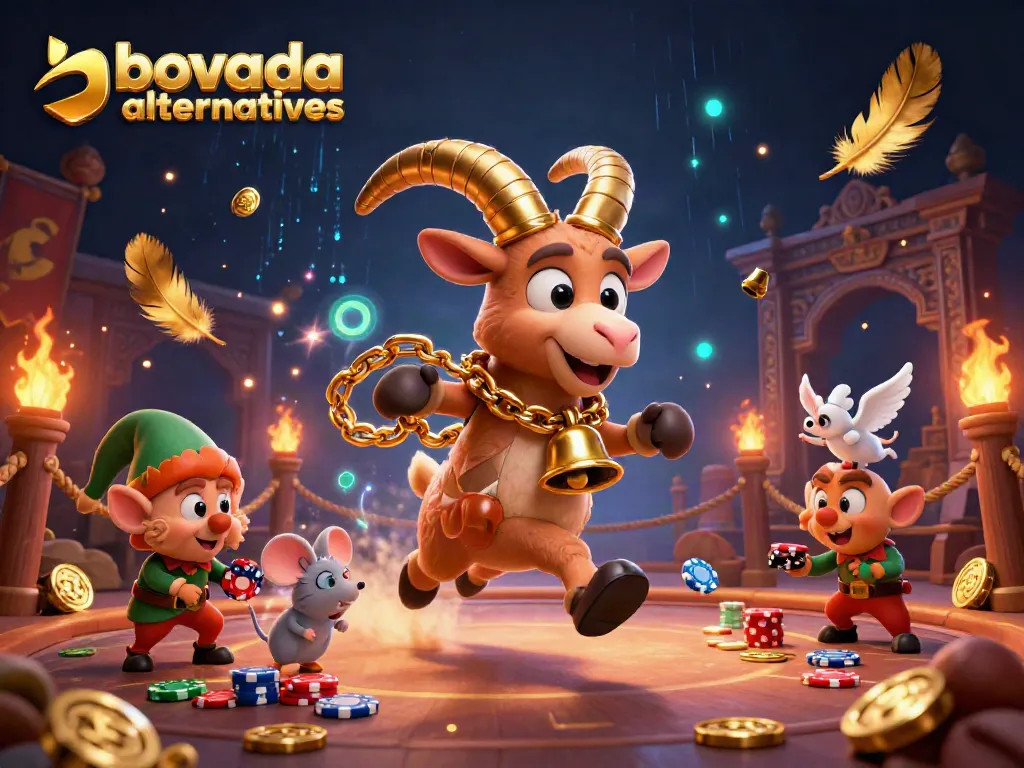 Experience top bovada alternatives as a Krampus goat and elf gremlins animate a vibrant casino world.
