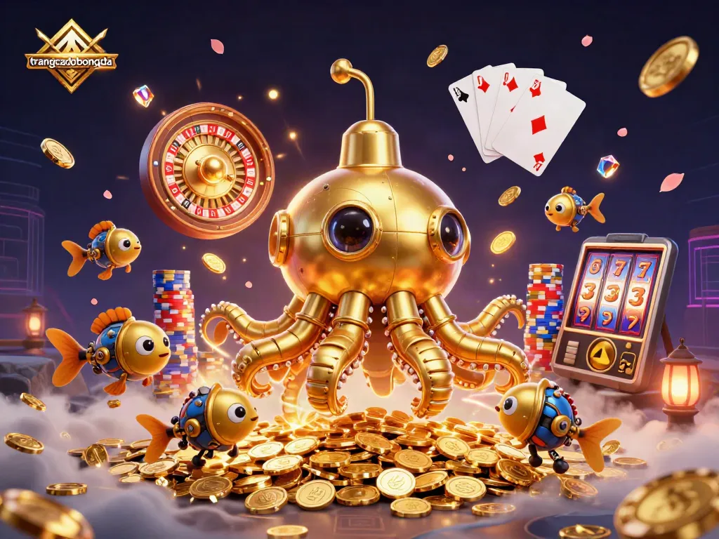 Engage with the dynamic trangcadobongda universe featuring a golden kraken and mechanical fish.