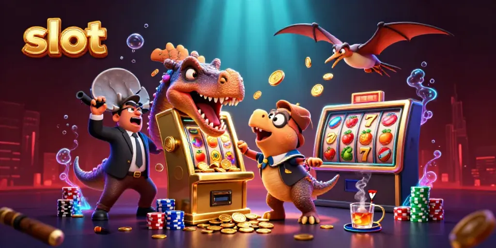 Momen saat slot membuat jackpot dengan dinosaurus kartun, manajer kasino, dan koin emas terbang.