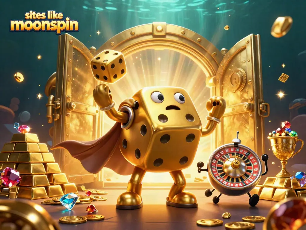 Experience excitement at sites like moonspin with a lively 3D illustration of golden dice and treasure.