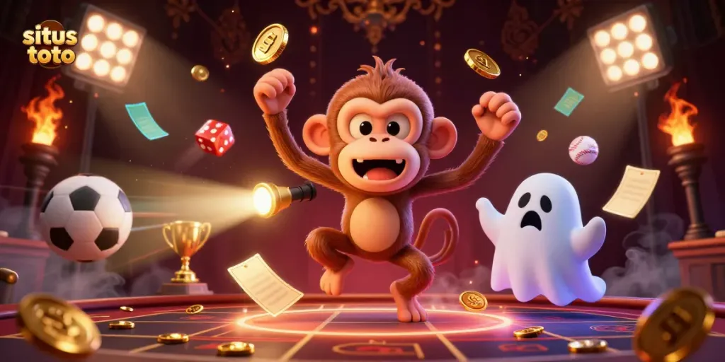 Experience situs toto with a mischievous poltergeist monkey and ghost-hunter puppy in a haunted casino.