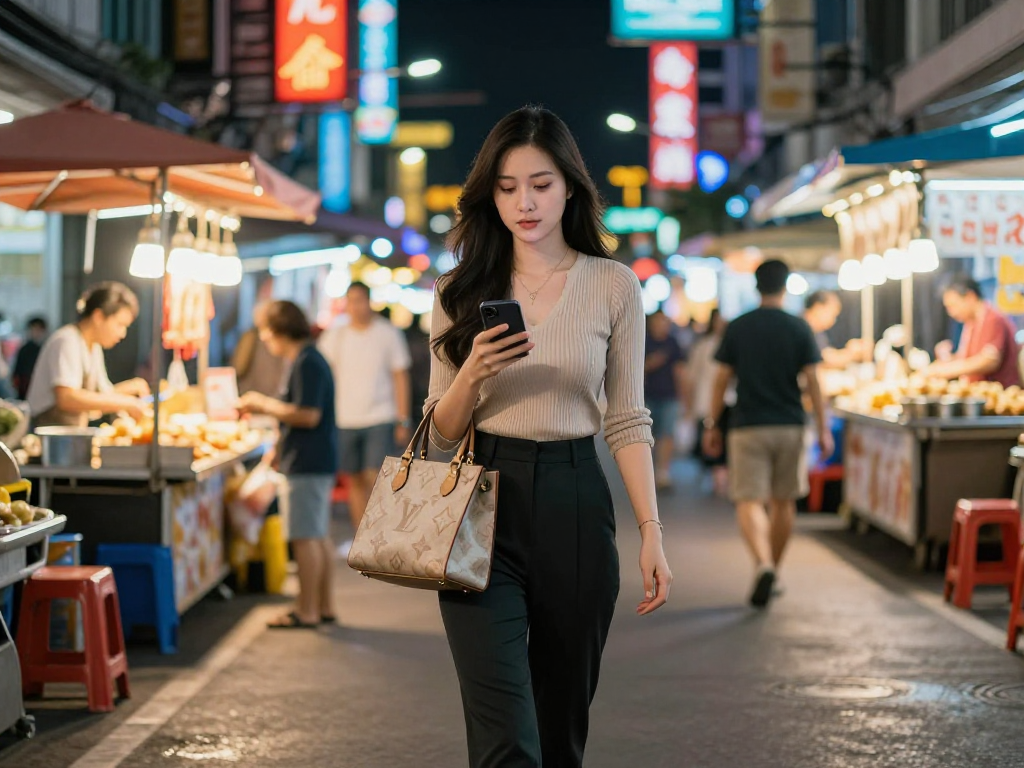 Gái gọi trong trang phục thời trang, đi dạo giữa đêm phố nhộn nhịp.