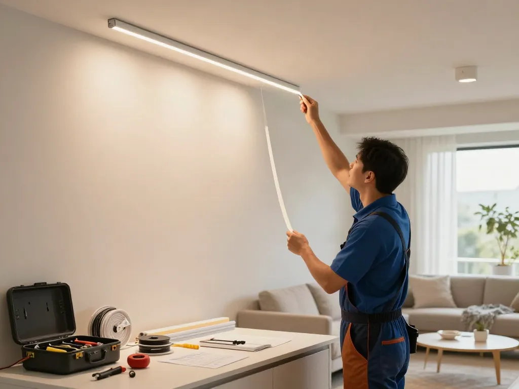 Proiector LED pe sina magnetica instalat de un profesionist, iluminare moderna la interior.