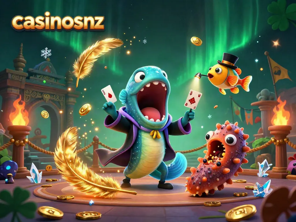 Explore casinosnz with a vibrant 3D scene depicting magical underwater card tricks and thrilling betting elements.