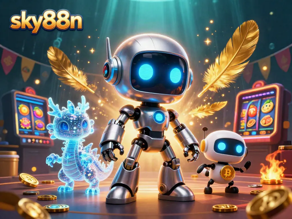 Experience winning at sky88n with a lively casino scene, featuring a cyberpunk mascot and dynamic gaming elements.