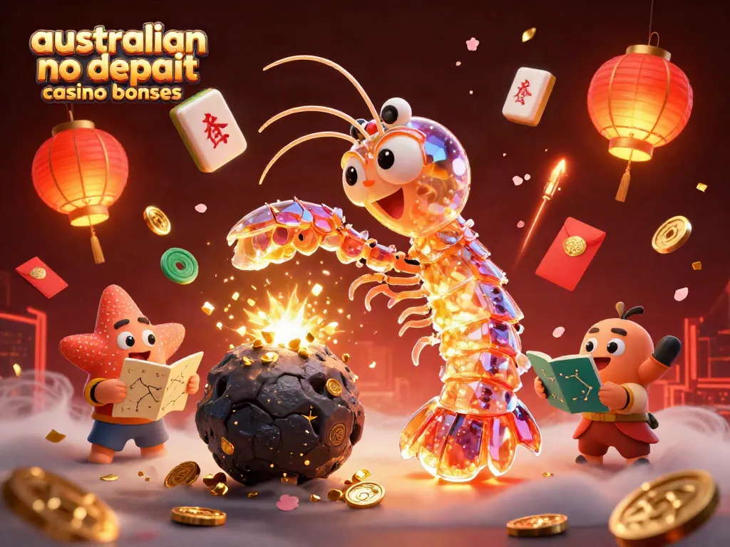 Engage with australian no deposit casino bonuses through vibrant 3D illustration of lucky characters and elements.