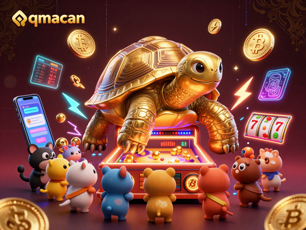 Join the excitement at qqmacan with golden tortoise playing pinball surrounded by crypto coins.