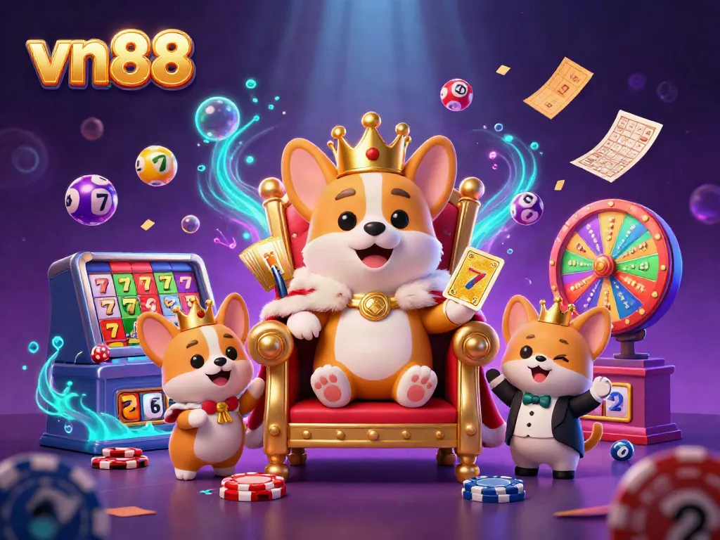 Experience the vibrant vn88 gaming atmosphere with a regal corgi and playful elements.