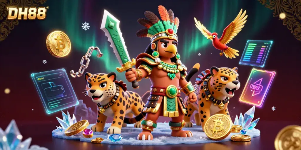 Engage with the dynamic DH88 experience featuring Aztec characters amidst cryptocurrency symbols