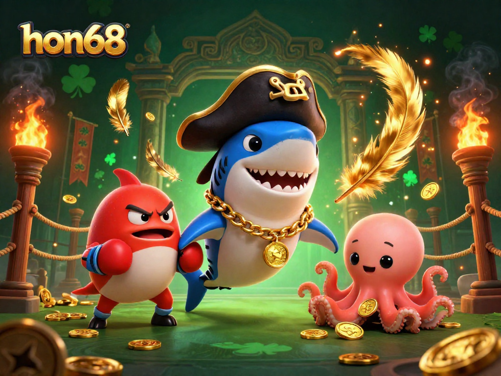 Engage with hon68's exciting casino adventure featuring a pirate shark and friends amidst golden treasures.