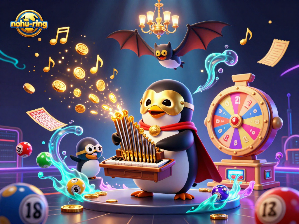 Nohu-ring showcases a 3D phantom penguin playing an organ amid vibrant casino elements with jackpots and prizes.