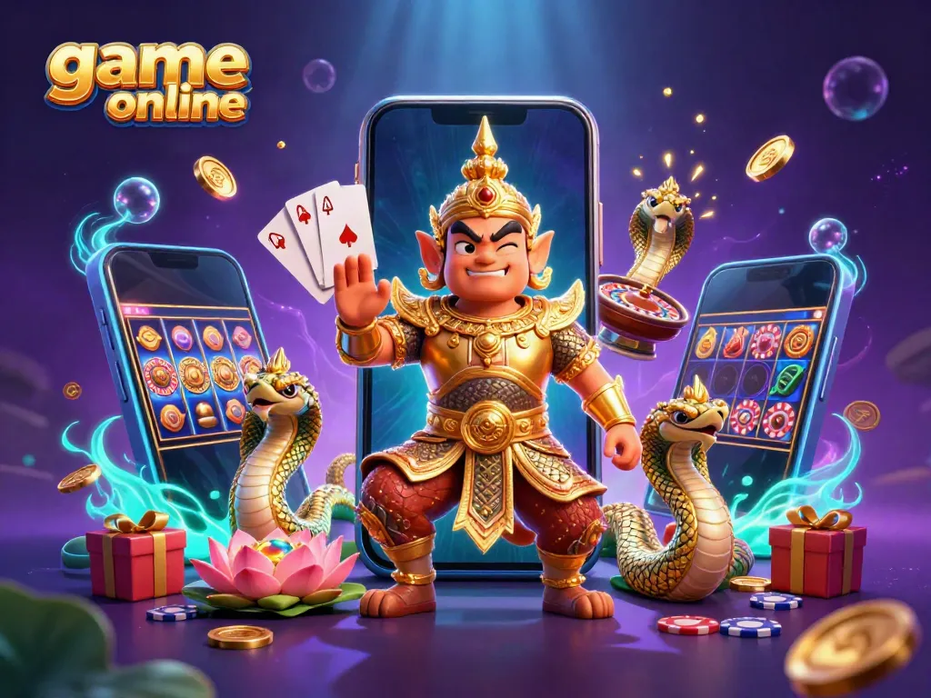Experience the thrill of game online with vibrant casino elements and a colorful 3D illustration.