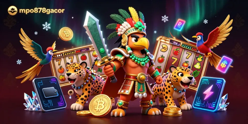 Game menguntungkan di mpo878gacor menampilkan slot reel dan karakter Aztec yang berani.