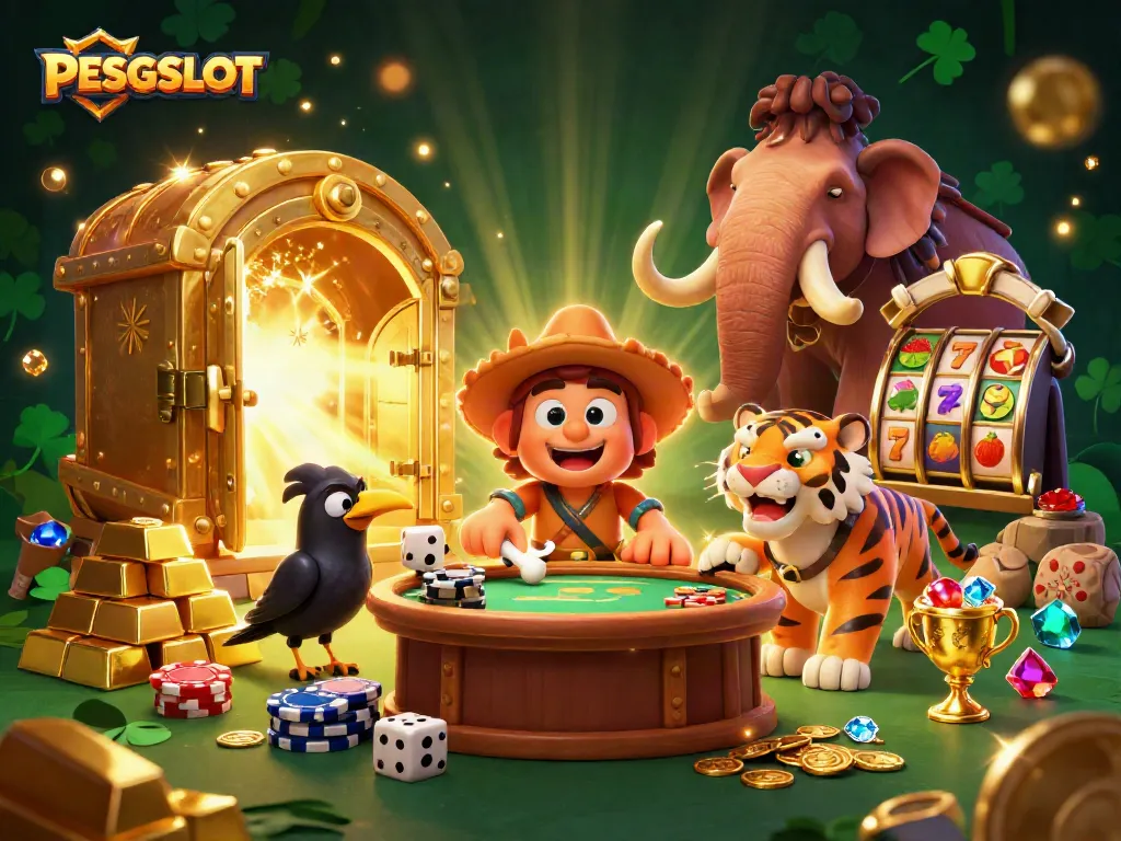 PESGSLOT showcases a lively prehistoric casino scene with unique characters and gambling elements.