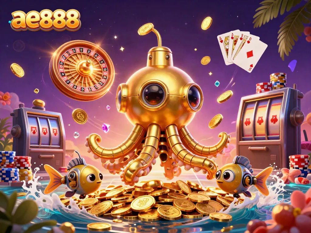 Experience thrilling gaming with ae888's vibrant 3D casino illustration featuring an engaging kraken and dynamic elements.