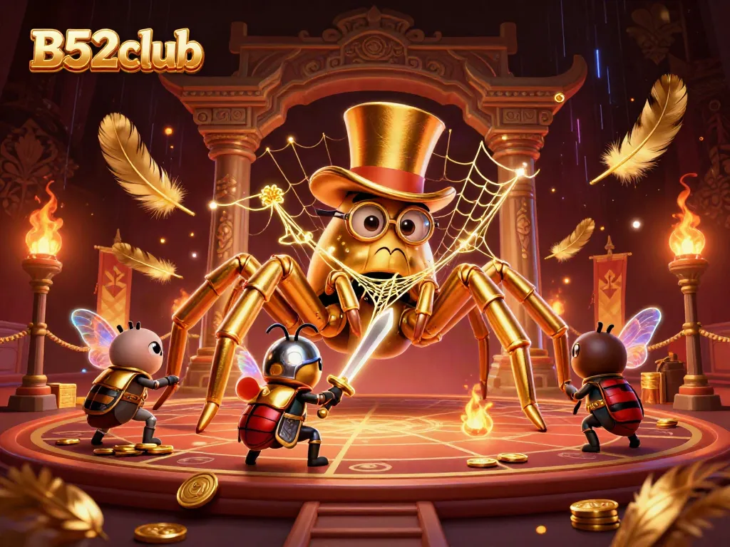 B52club showcases thrilling casino action in an ultra-detailed 3D illustration featuring a golden tarantula and inspired characters.