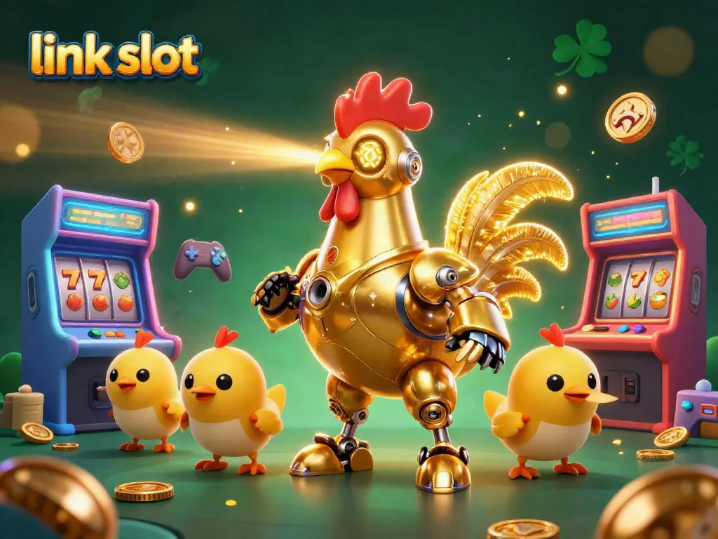 Engage in the exciting link slot scene with golden rooster robot and interactive slot machines.