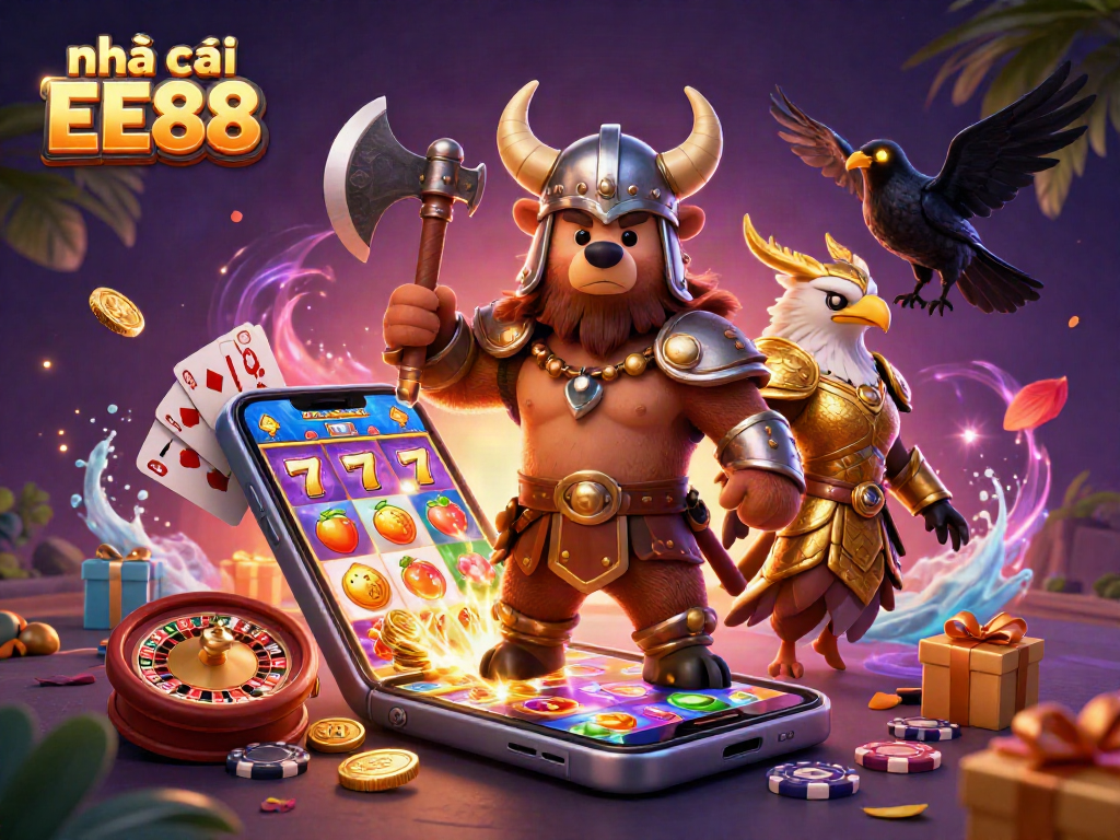 Engage with thrilling games at nhà cái EE88 featuring a Viking, a Valkyrie, and casino elements.