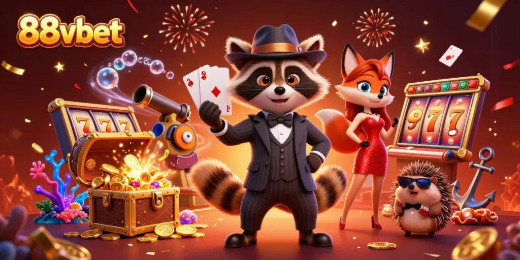 Experience the thrill of 88vbet in a vibrant casino scene with a raccoon, fox, and hedgehog.