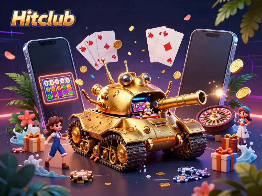 Experience the thrilling Hitclub casino action with a vibrant 3D illustration showcasing a unique golden beetle tank and dynamic gaming elements.