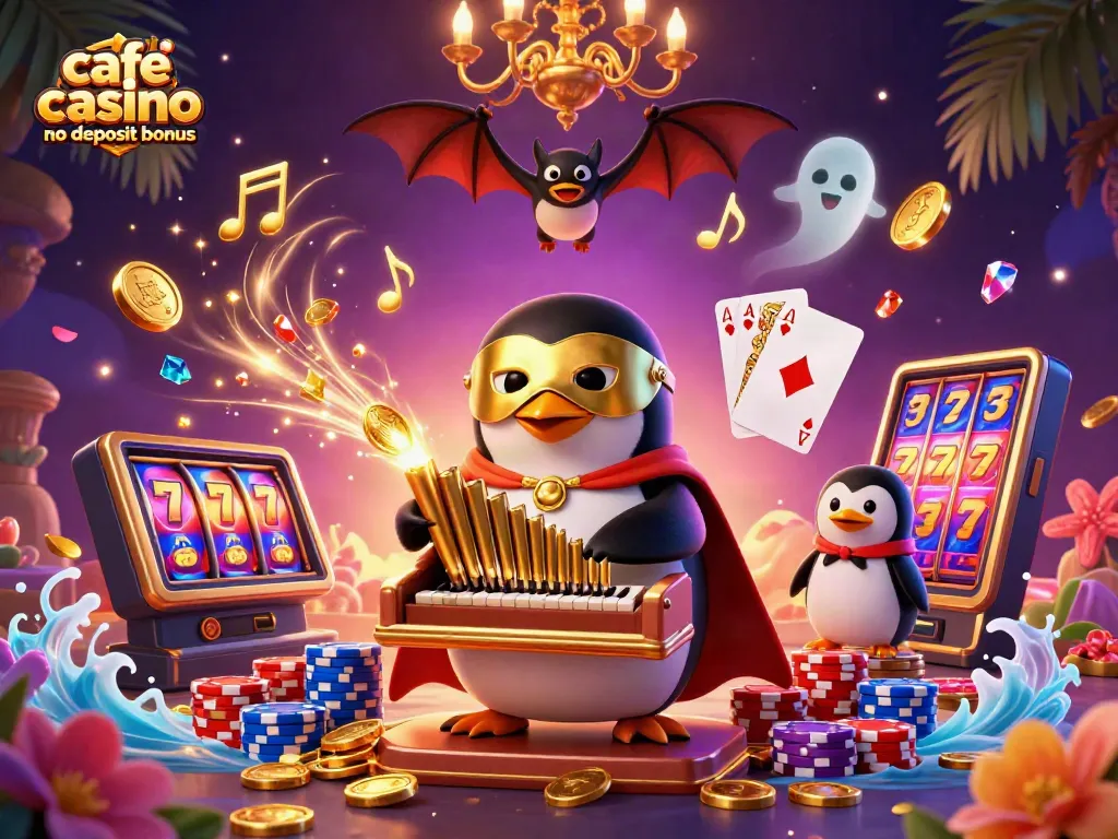 Cascade of gold coins and winning spins at the cafe casino no deposit bonus, highlighting exciting gameplay.