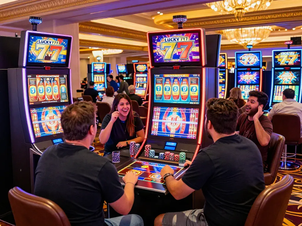 Exciting casino scene with players enjoying Lucky777 slot machines and vibrant decor.