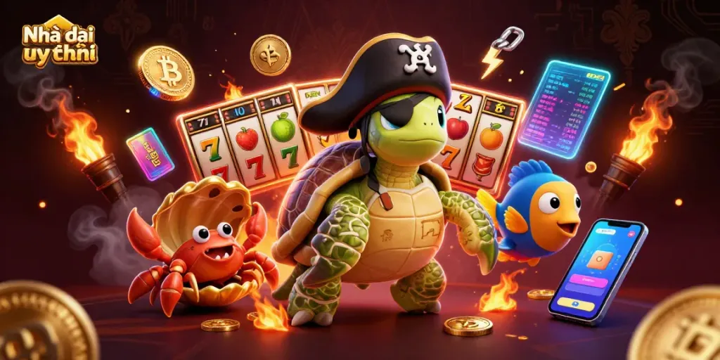 Engage with the visual extravagance of Nhà cái uy tín featuring 3D characters and vibrant casino gaming elements.