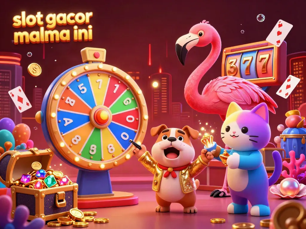 Engaging scene showcasing slot gacor malma ini with a flamingo host, bulldog contestant, and prize wheel.