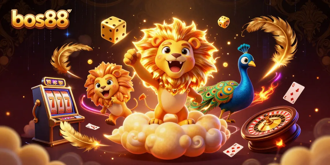 Permainan slot di bos88 menampilkan singa matahari 3D yang megah dan dadu emas.