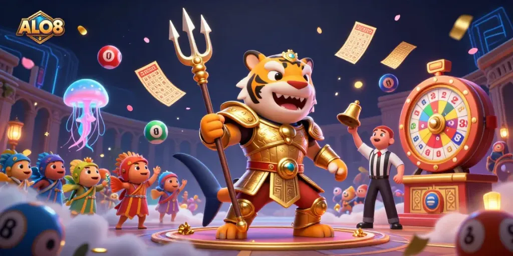 Experience ALO8's thrilling underwater colosseum with a golden shark, vibrant lottery elements, and gaming excitement.
