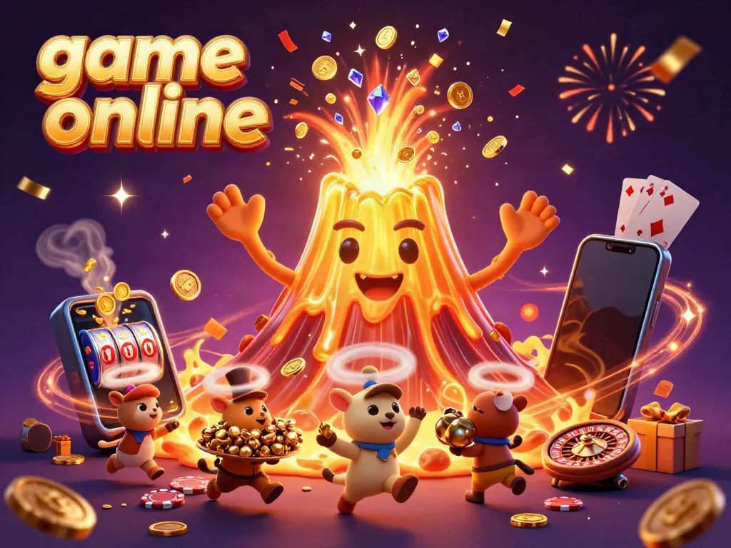 Experience thrilling game online excitement with a volcano erupting treasures in this vibrant scene.
