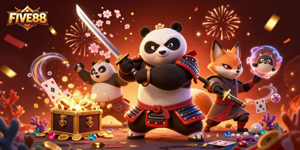 Experience exciting online gaming with FIVE88 through cartoon characters and dynamic casino elements.