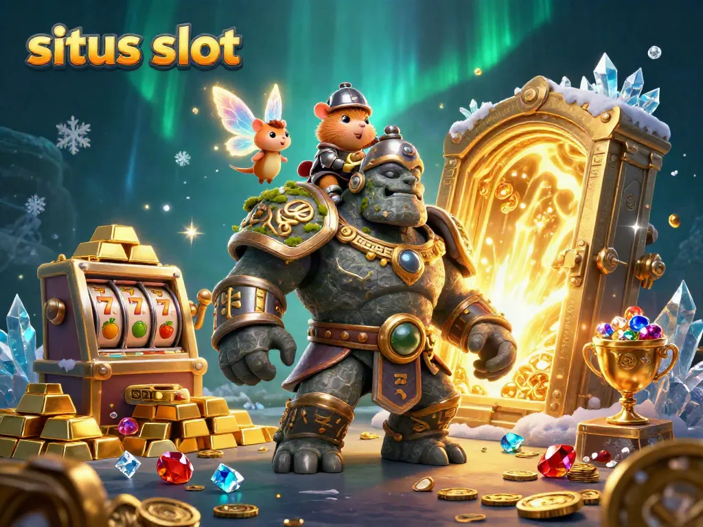 Ilustrasi golem kuno dan hamster ksatria dalam slot situs slot yang katai, dikelilingi harta karun berkilau