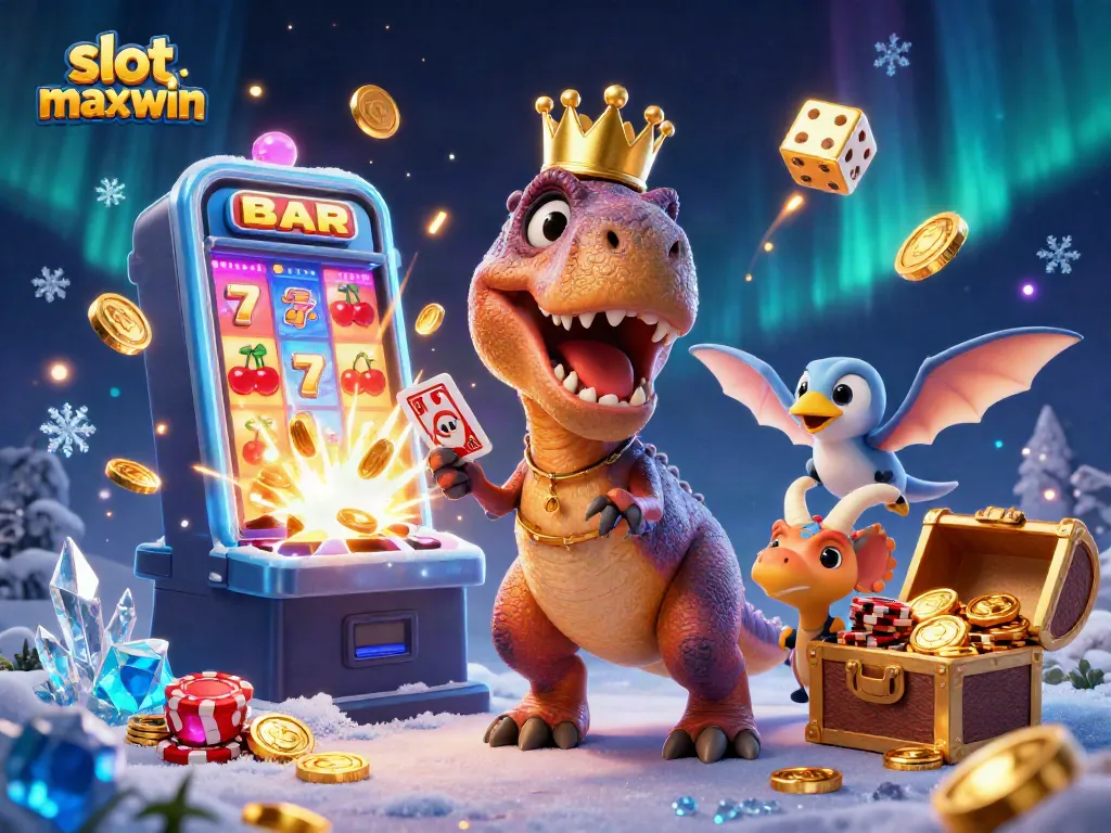 Join the thrilling world of slot maxwin with a vibrant cartoon dinosaur casino scene.