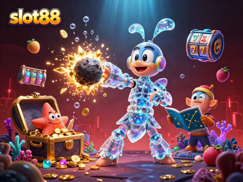 Sekumpulan karakter dalam ilustrasi 3D menampilkan slot88 dengan samurai udang mantis dan harta karun berkilau.