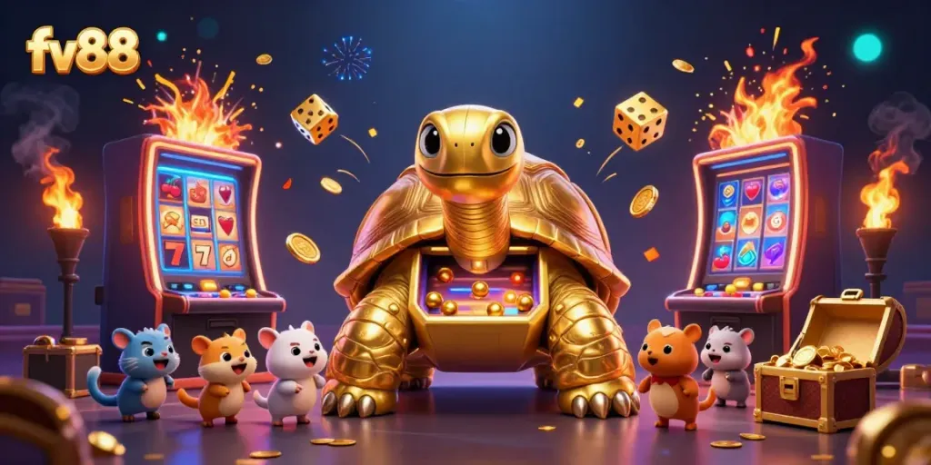 Experience thrilling slots at fv88 with a golden tortoise pinball machine and jackpot excitement!