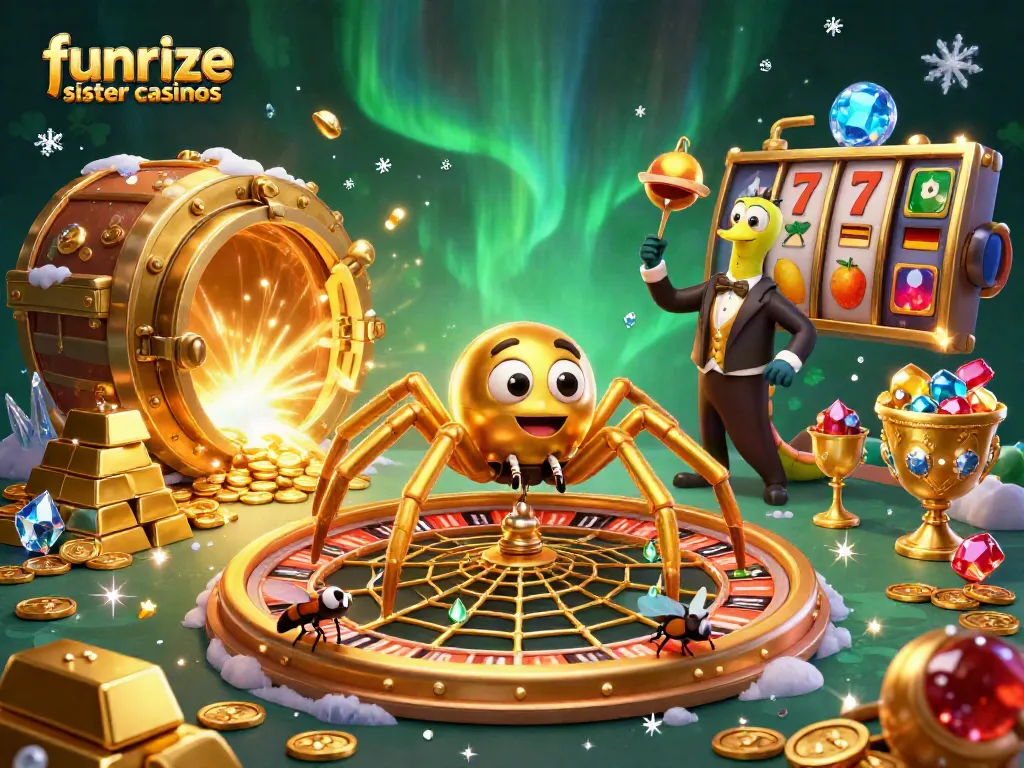 Play and win at funrize sister casinos with our detailed casino illustration showcasing excitement and rewards.